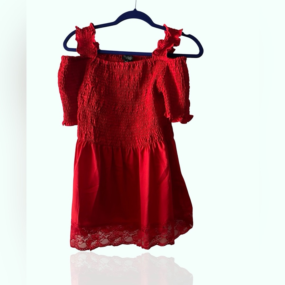 Red Off-Shoulder Dress with Lace Hem